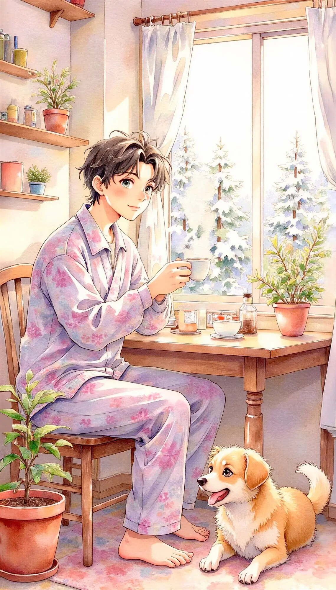 Ein ruhiger Wintermorgen mit einem Jungen im Schlafanzug.