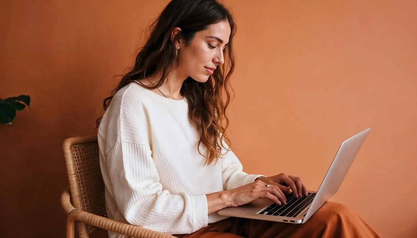 Eine junge Frau tippt auf einem Laptop auf einem Holzstuhl vor orangefarbenem Hintergrund.