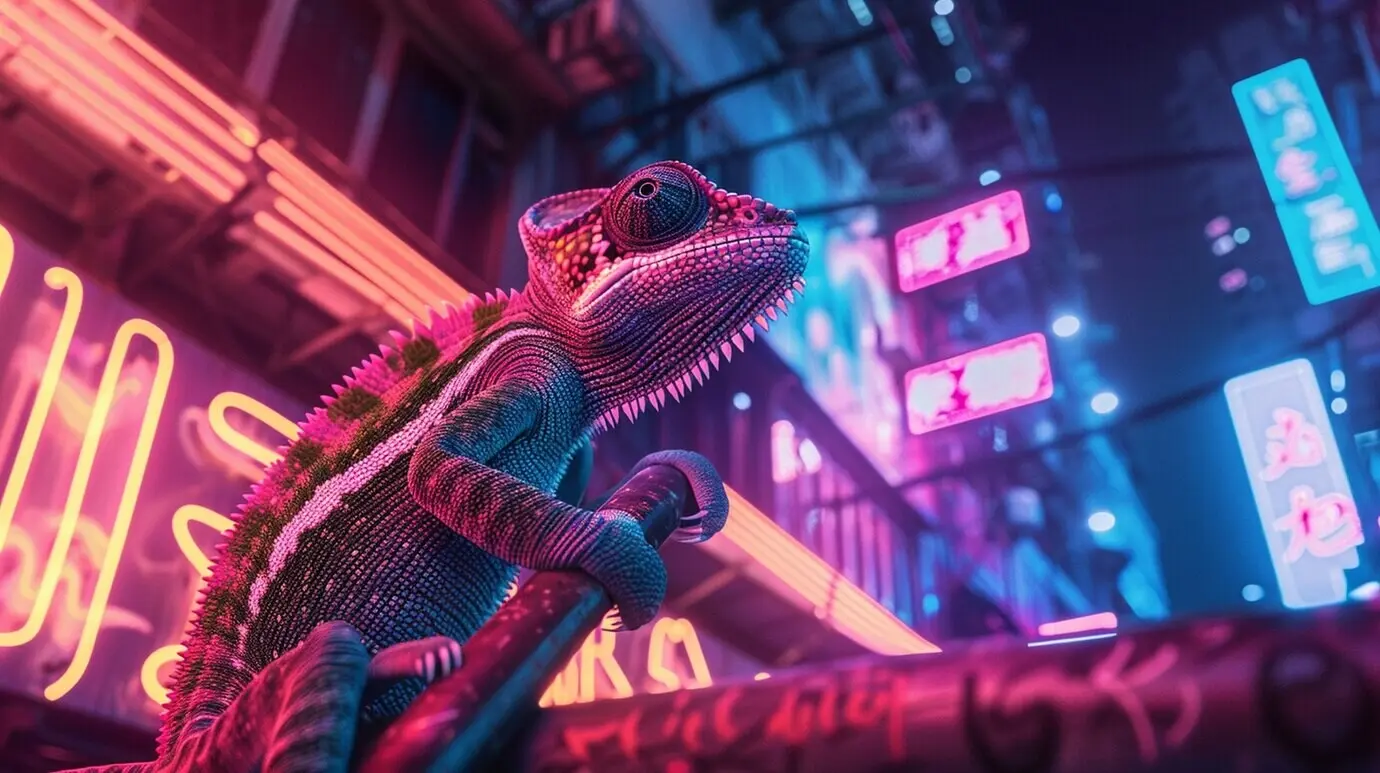 Blick auf ein Chamäleon mit leuchtenden Neonfarben.